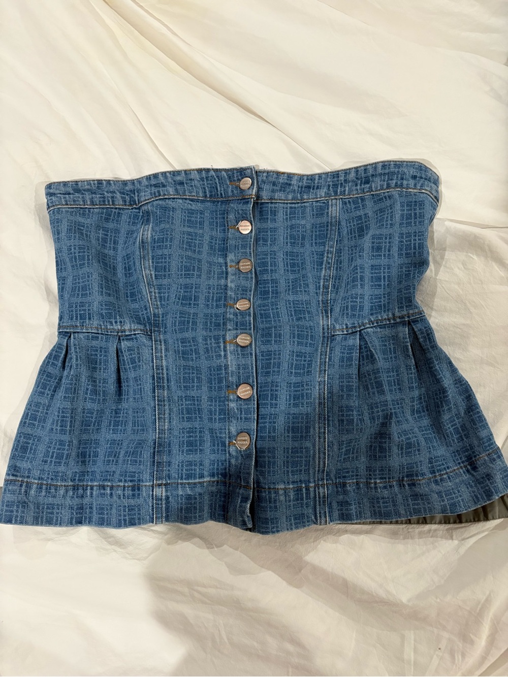 Strapless Blue Denim Button-Front Top